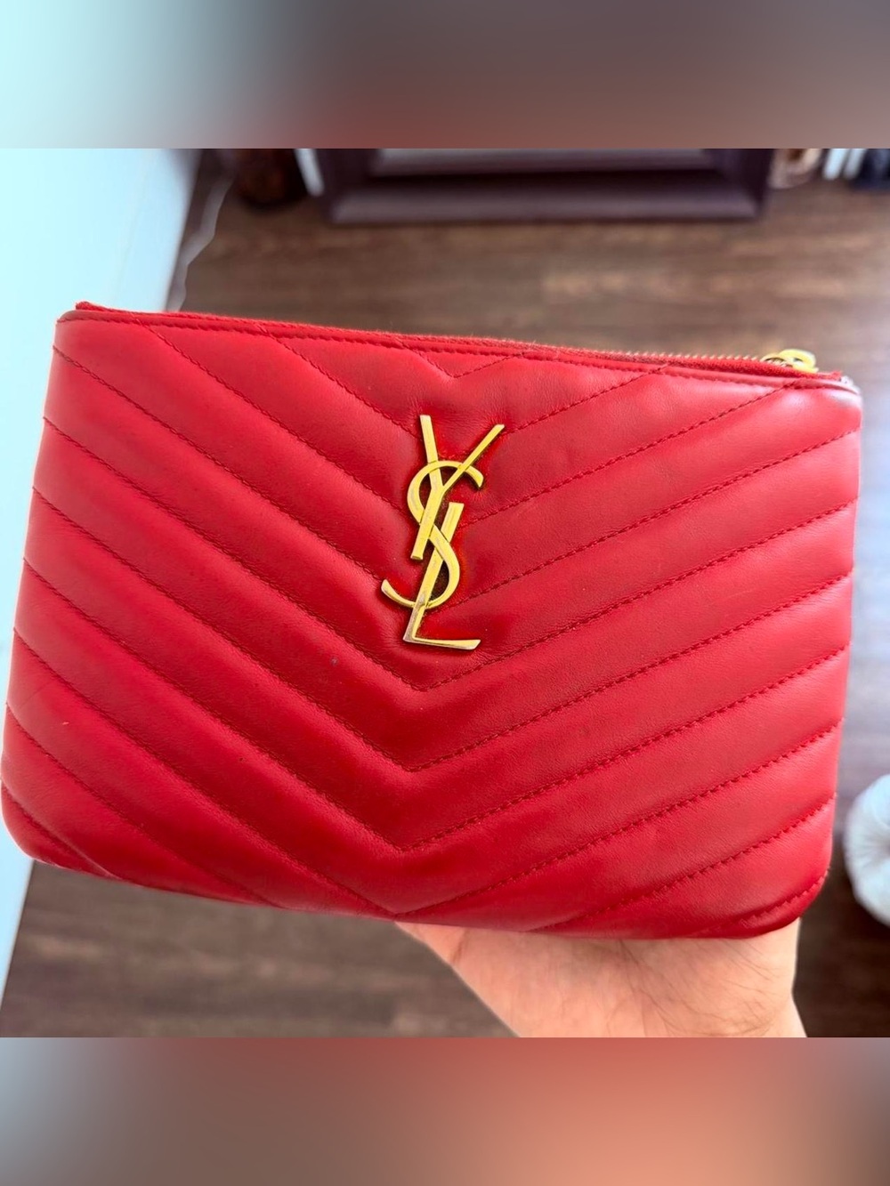 Saint Laurent Red Quilted Leather Wristlet with Gold YSL Logo